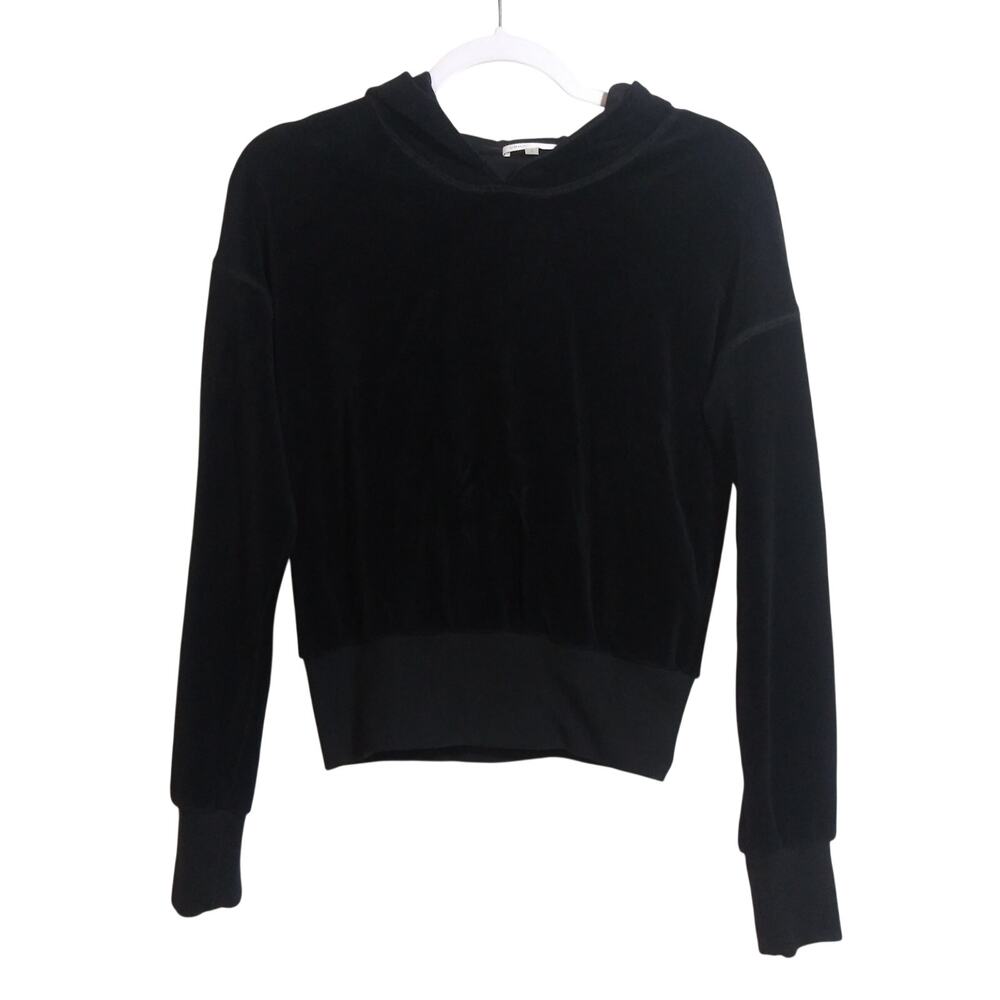 Vince Black Velour Hooded Crop Pullover Sweatshirt Size L